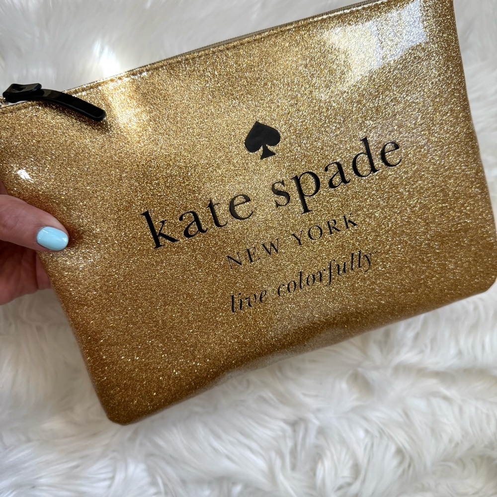 Kate Spade glitter gold logo zip pouch